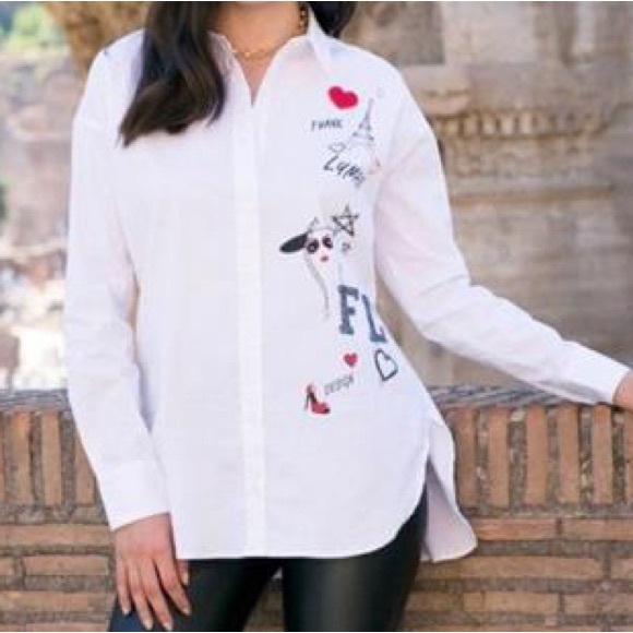 FRANK LYMAN White Applique Blouse Shirt XL Paris Eiffel Tower Design button up